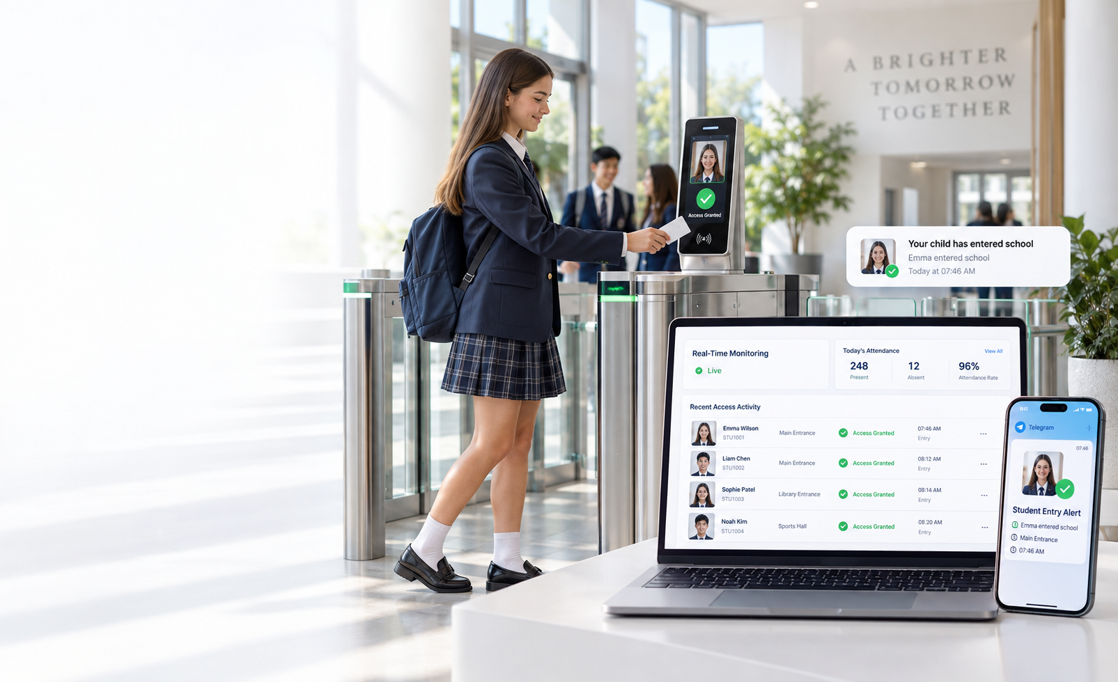 Concept illustration of a student using a school turnstile, with an access monitor and a parent notification.