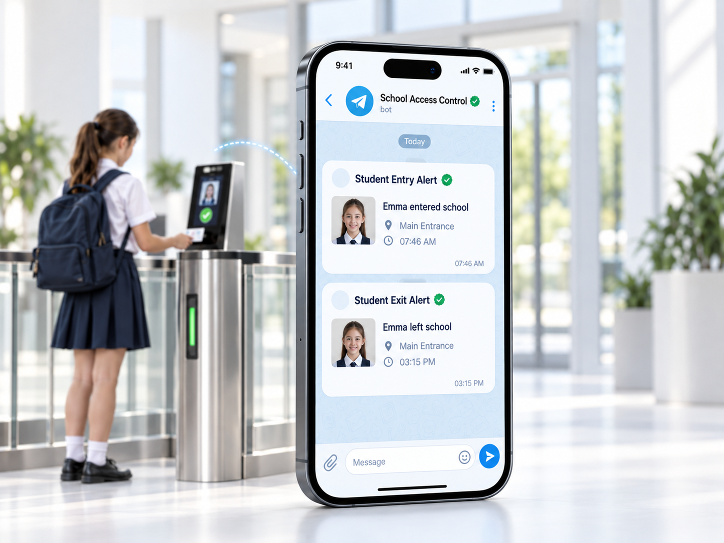 Concept illustration of Telegram messages showing a student entering at 7:46 AM and leaving at 3:15 PM.