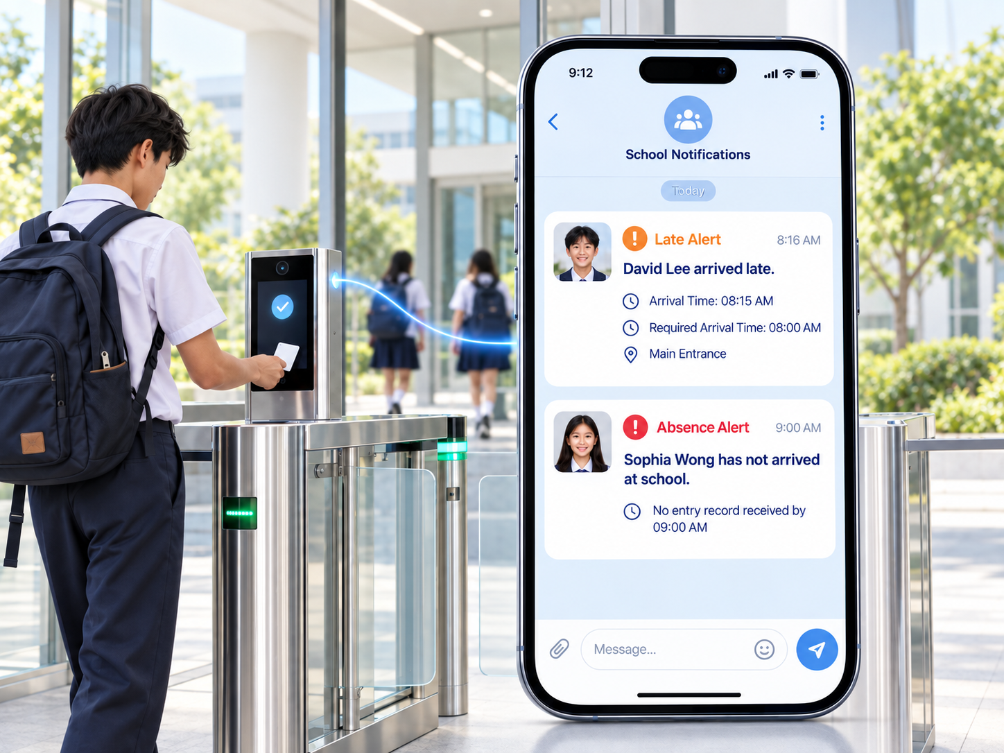 Concept illustration of separate late and absence notifications beside a school turnstile.