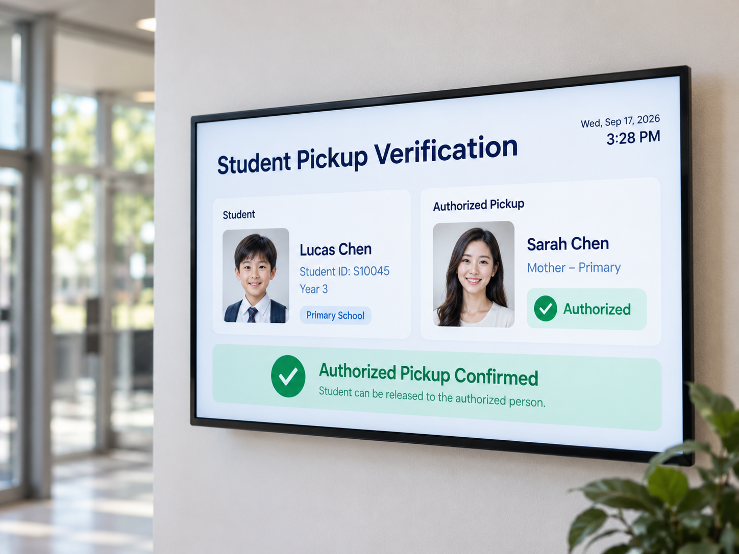 Concept illustration of a school display showing a student alongside a linked parent for pickup checks.