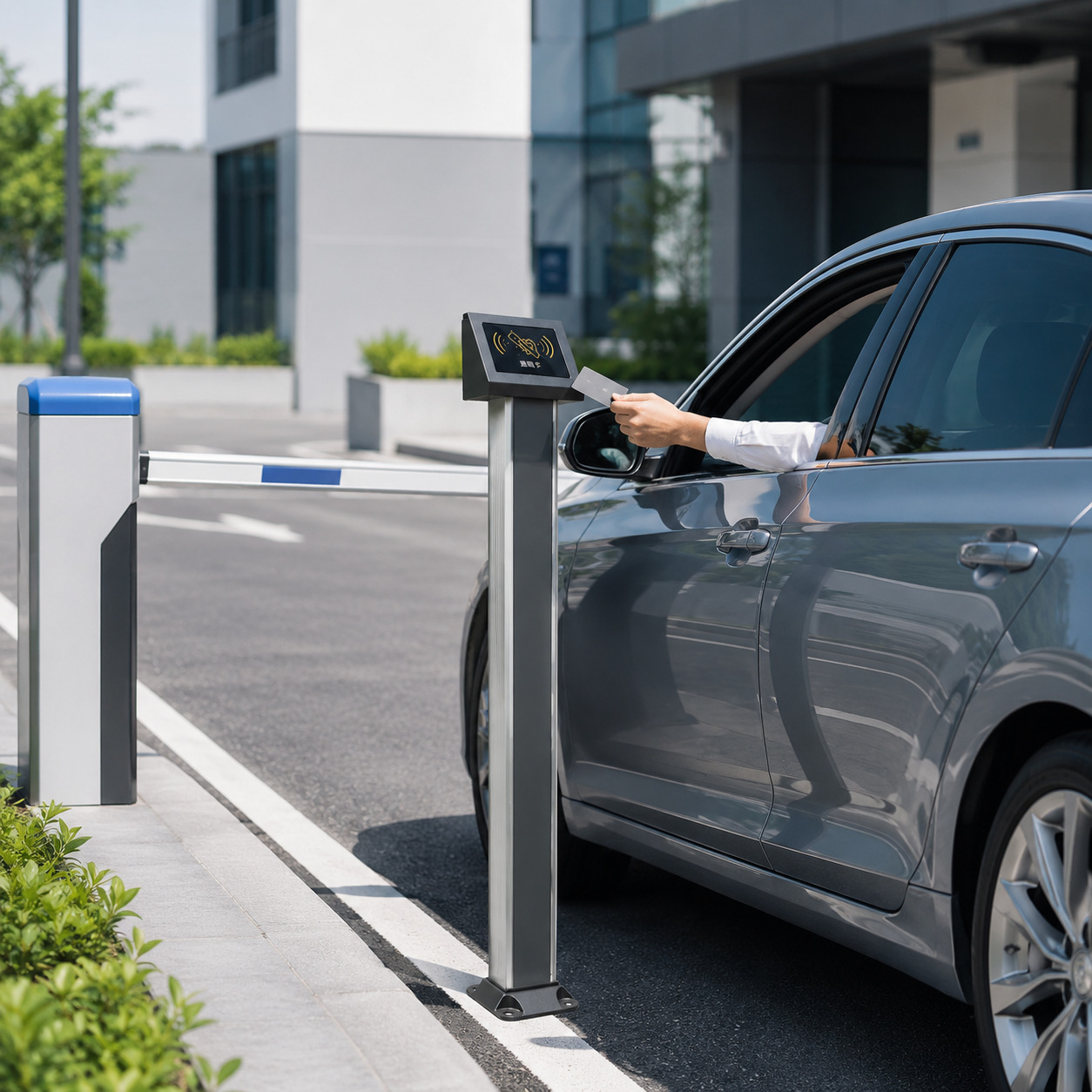 AI-RFID Stand Reader installed at parking entrance barrier
