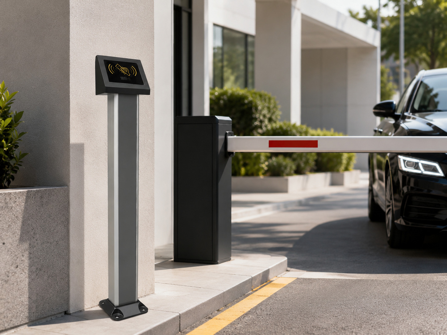 AI-RFID Stand Reader installed at controlled vehicle access gate